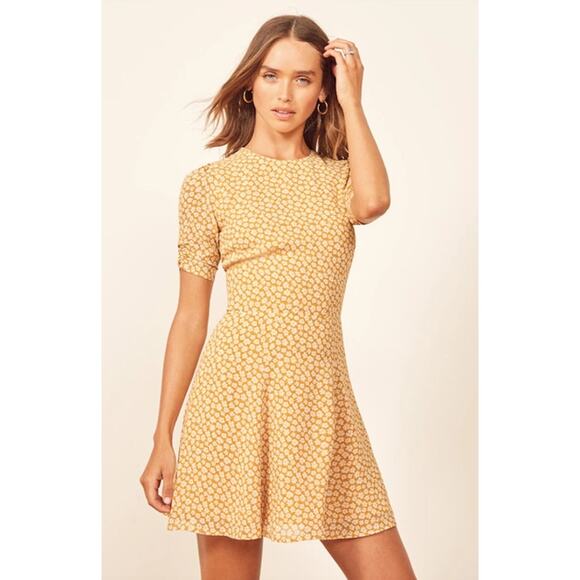 Reformation Gracie Short Sleeve Floral Print Crepe Mini Dress In Peru Yellow 12 - Picture 3 of 8